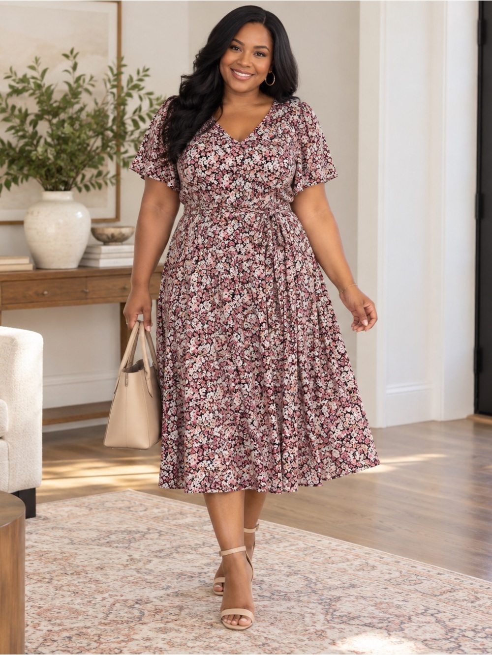 Chaps Plus Size 2X Black Pink Floral Midi Dress Short Sleeve Stretch